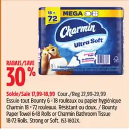 Canadian Tire Bounty Paper Towel 6=18 Rolls or Charmin Bathroom Tissue 18=72 Rolls offer