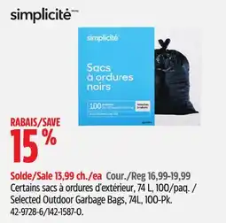 Canadian Tire Simplicite Selected Outdoor Garbage Bags offer