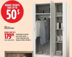 Canadian Tire For Living 3-Door Wardrobe with Drawers, White offer