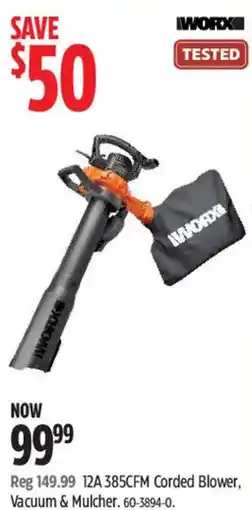 Canadian Tire Worx 12A 385CFM Corded Blower, Vacuum & Mulcher offer