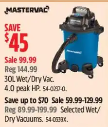Canadian Tire Mastervac 30L Wet/Dry Vac offer