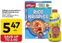 Giant Tiger Kellogg's cereal varieties or Nesquik chocolate syrup offer