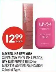 Shoppers Drug Mart Maybelline New York super stay vinyl ink lipstick, nyx buttermelt blush or make'em wonder foundation offer