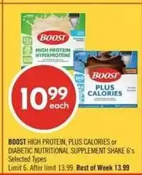 Shoppers Drug Mart Boost high protein, plus calories or diabetic nutritional supplement shake 6's offer