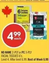 Shoppers Drug Mart No Name 2-ply or PC 3-ply facial tissues 6's offer