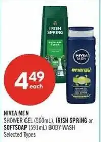 Shoppers Drug Mart Nivea men shower gel or irish spring or softsoap body wash offer
