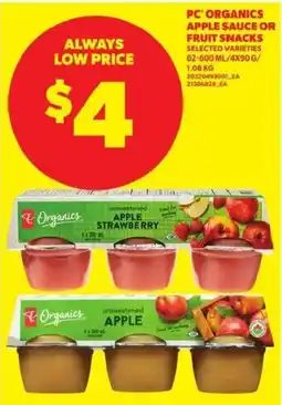 Atlantic Superstore PC Organics apple sauce or fruit snacks offer