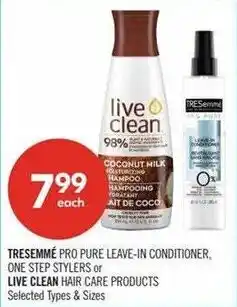 Shoppers Drug Mart TRESemmé pro pure leave-in conditioner, one step stylers or live clean hair care products offer