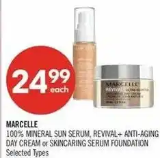 Shoppers Drug Mart Marcelle 100% mineral sun serum, revival+ anti-aging day cream or skincaring serum foundation offer