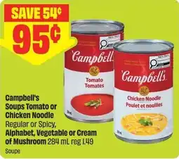 FreshCo Campbell's Soups Tomato or Chicken Noodle Regular or Spicy, Alphabet, Vegetable or Cream of Mushroom offer