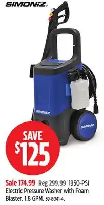 Canadian Tire SIMONIZ 1950-PSI Electric Pressure Washer with Foam Blaster offer