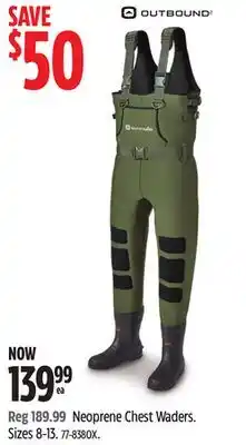 Canadian Tire OUTBOUND Neoprene Chest Waders. Sizes 8-13 offer