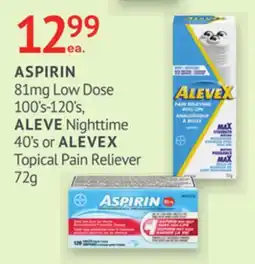 IDA Pharmacy ASPIRIN 81mg Low Dose, 100's-120's, ALEVE Nighttime 40's or ALEVEX Topical Pain Reliever offer
