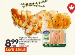 Longo's Maple Leaf Prime Raised Without Antibiotics Boneless, Skinless Chicken Breasts offer