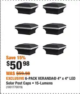 Home Depot EXCLUSIVE 6-PACK VERANDA 4 x 4 LED Solar Post Caps • 15-Lumens offer