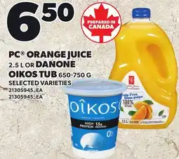 Loblaws PC ORANGE JUICE, 2.5 L OR DANONE OIKOS TUB offer