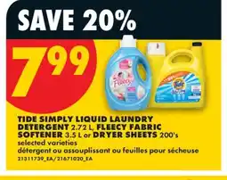 No Frills TIDE SIMPLY LIQUID LAUNDRY DETERGENT 2.72 L, FLEECY FABRIC SOFTENER 3.5 L or DRYER SHEETS 200's offer