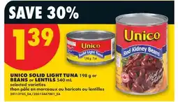 No Frills UNICO SOLID LIGHT TUNA 198 g or BEANS or LENTILS 540 mL offer