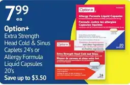 Guardian Pharmacy Option+ Extra Strength Head Cold & Sinus Caplets 24's or Allergy Formula Liquid Capsules 20's offer