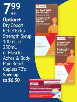Guardian Pharmacy Option+ dry cough relief extra strength syrup or muscle aches and body pain relief caplets offer