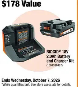 Home Depot Ridgid 18V 2.0Ah Battery and charger kit offer