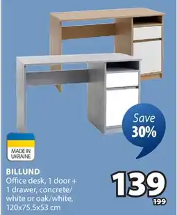 JYSK BILLUND Office desk, 1 door + 1 drawer concrete/white or oak/white offer