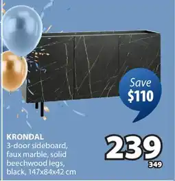 JYSK KRONDAL 3-door sideboard, faux marble, solid beechwood legs, black, 147x84x42 cm offer