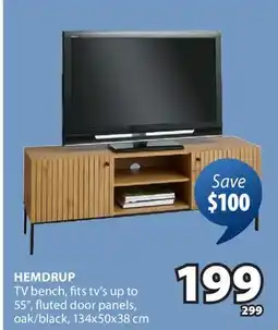 JYSK HEMDRUP TV bench, fits tv's up to 55, fluted door panels, oak/black offer