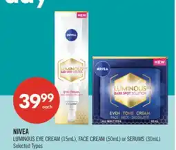Shoppers Drug Mart NIVEA LUMINOUS EYE CREAM (15mL), FACE CREAM (50mL) or SERUMS (30mL) offer