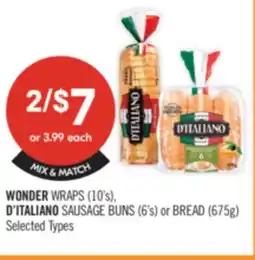 Shoppers Drug Mart WONDER WRAPS (10's), D'ITALIANO SAUSAGE BUNS (6's) or BREAD (675g) offer