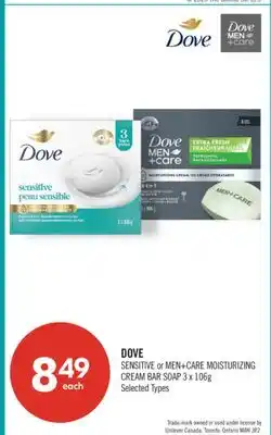 Shoppers Drug Mart DOVE SENSITIVE or MEN+ CARE MOISTURIZING CREAM BAR SOAP 3 x 106g offer