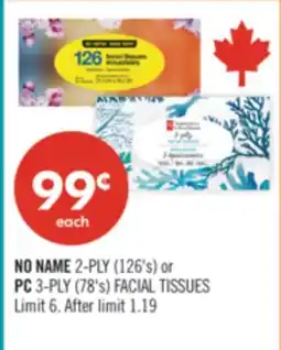 Shoppers Drug Mart NO NAME 2-PLY (126's) or PC 3-PLY (78's) FACIAL TISSUES offer
