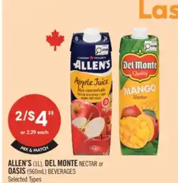 Shoppers Drug Mart ALLEN'S (1L), DEL MONTE NECTAR or OASIS (960ML) BEVERAGES offer