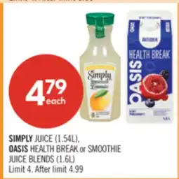 Shoppers Drug Mart SIMPLY JUICE (1.54L), OASIS HEALTH BREAK or SMOOTHIE JUICE BLENDS (1.6L) offer
