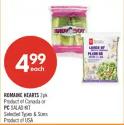 Shoppers Drug Mart ROMAINE HEARTS 3 pk Product of Canada or PC SALAD KIT offer