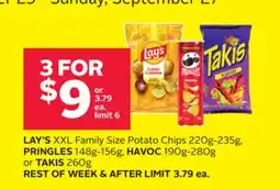 Rexall LAY'S XXL Family Size Potato Chips 220g-235g, PRINGLES 148g-156g, HAVOC 190g-280g or TAKIS 260g offer