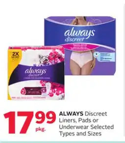 Rexall ALWAYS Discreet Liners, Pads or Underwear offer