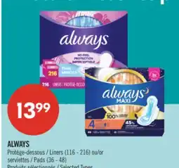 Pharmaprix ALWAYS Liners (116 - 216) or Pads (36 - 48) offer