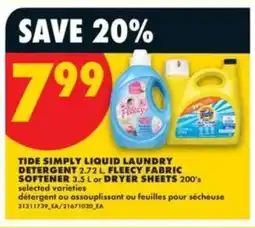No Frills Tide Simply Liquid Laundry Detergent, Fleecy Fabric Softener or Dryer Sheets offer