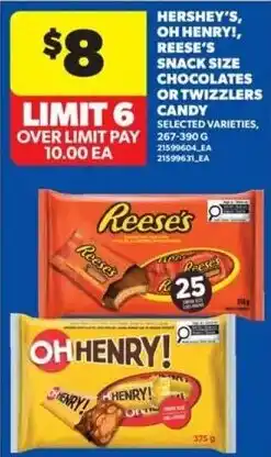 Real Canadian Superstore Hershey's, Oh Henry!, Reese's snack size chocolates or twizzlers candy offer