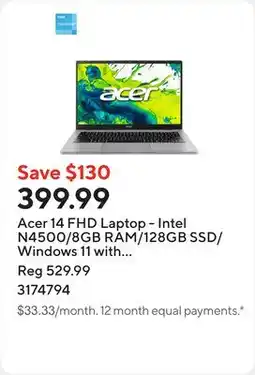 Staples Acer 14 FHD Laptop - Intel N4500/8GB RAM/128GB SSD/Windows 11 with 1-year of Microsoft 365 Personal offer