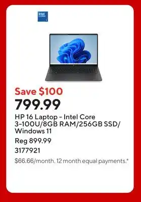 Staples HP 16 Laptop - Intel Core 3-100U/8GB RAM/256GB SSD/Windows 11 offer