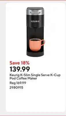 Staples Keurig K-Slim Single Serve K-Cup Pod Coffee Maker offer