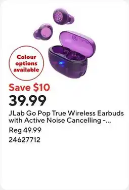 Staples JLab Go Pop True Wireless Earbuds with Active Noise Cancelling - Transparent Purple offer