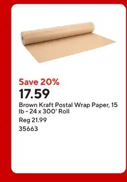 Staples Brown Kraft Postal Wrap Paper, 15 lb - 24 x 300' Roll offer