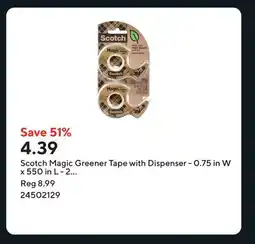 Staples Scotch Magic Greener Tape with Dispenser - 0.75 in W x 550 in L - 2 Roll Pack offer