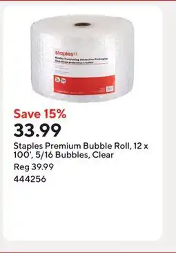 Staples Staples Premium Bubble Roll, 12 x 100', 5/16 Bubbles, Clear offer