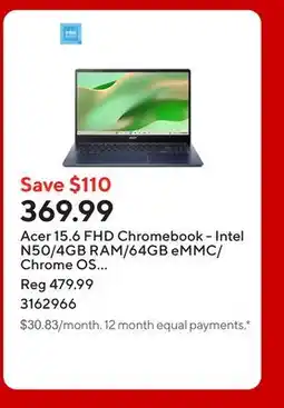 Staples Acer 15.6 FHD Chromebook - Intel N50/4GB RAM/64GB eMMC/Chrome OS with 3 months of Google AI Pro offer