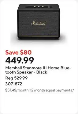 Staples Marshall Stanmore III Home Bluetooth Speaker - Black offer
