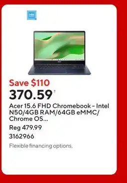 Staples Acer 15.6 FHD Chromebook - Intel N50/4GB RAM/64GB eMMC/Chrome OS with 3 months of Google AI Pro offer